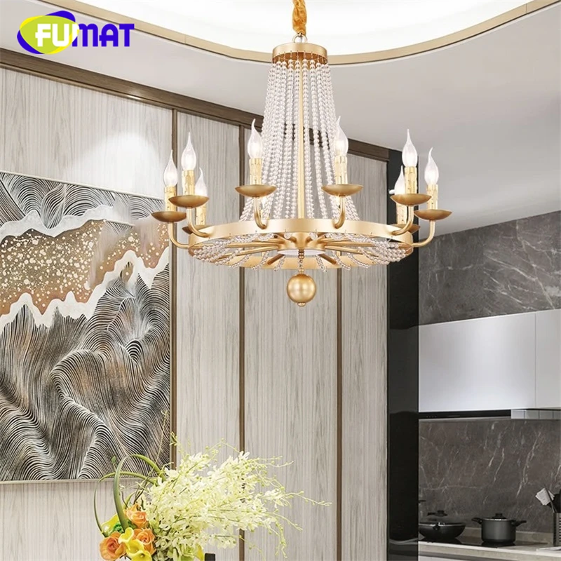 

FUMAT American Style LED Crystal Iron Pendant Lamps Luxury Lighting Lucency Crystal Black Yellow Frame Lights 8 10 12 Heads