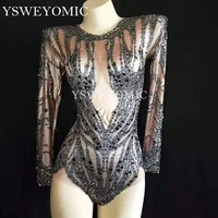 shinny black crystals nude bodysuit performance outfit costume party celebrate rhinestones stretch leotard stage dance wear y52