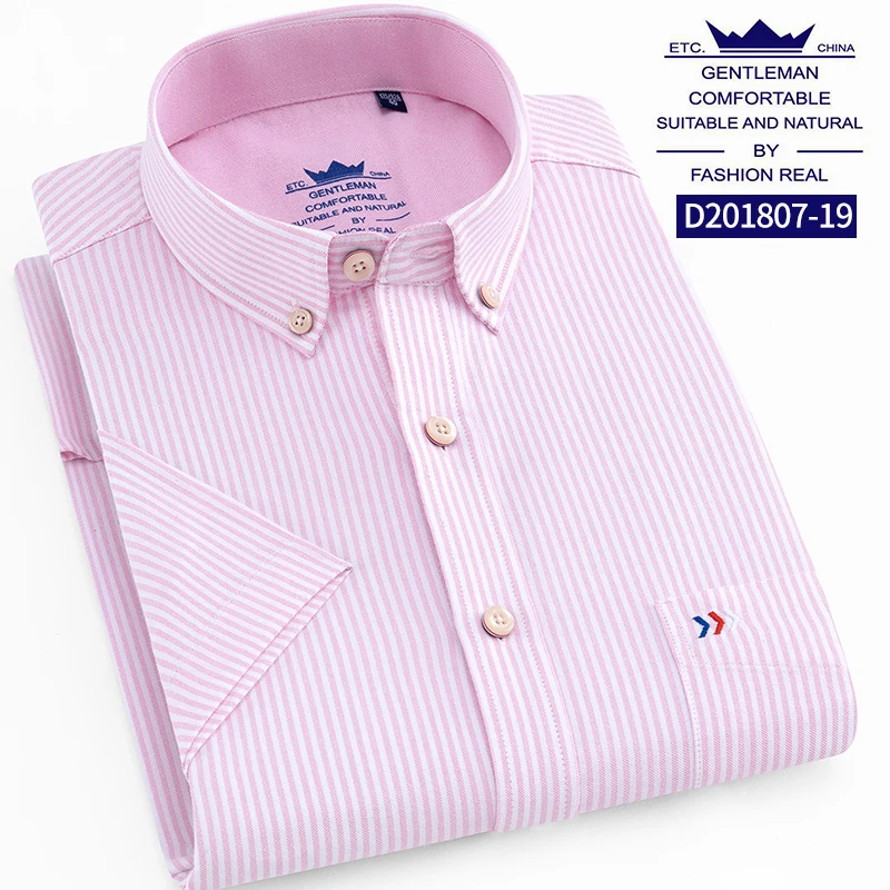 1807 19 Pink stripes Тонкая летняя мужская рубашка с коротким рукавом, хлопок, приталенная однотонная оксфордская деловая рубашка в клетку, Мужская официальная рубашка на пуговицах с карманом - Цвет: 1807 19 Pink stripes