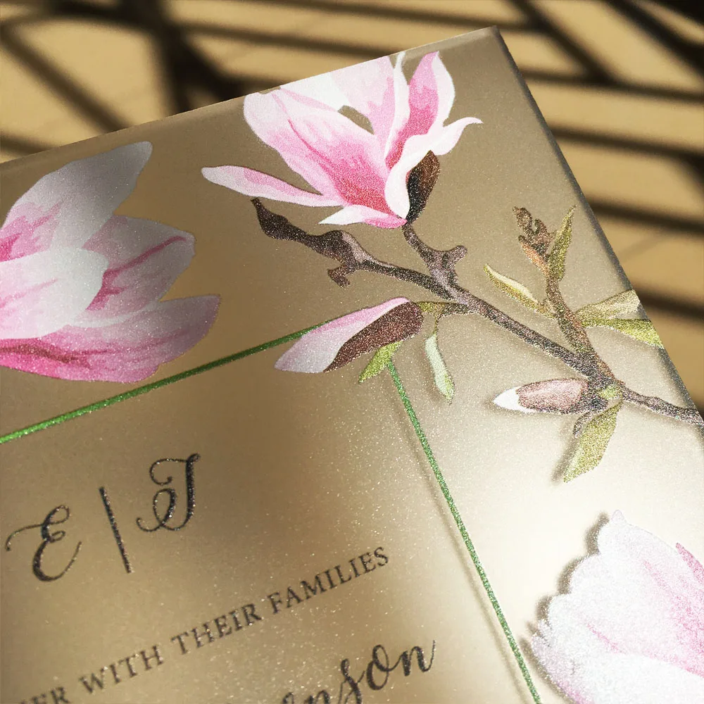 

50 pieces Per Lot Beautiful Peach Blossom Watercolor Style 128x165mm Frosted Acrylic Wedding Invitation Cards