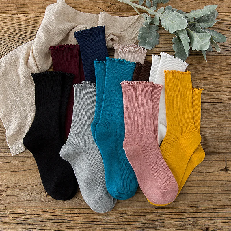 

Spring autumn Korean Japanese solid color pile socks women Cute campus woman fungus lace loose cotton sock girl