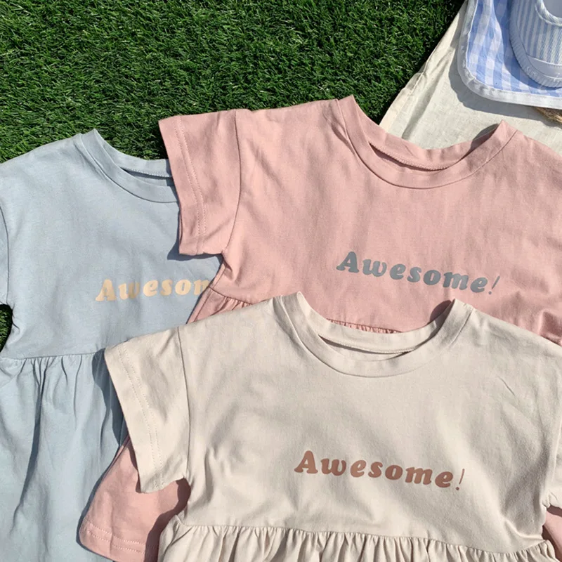 Summer cute girls pure cotton letters printed short sleeve casual dresses kids knitted pleated dress 1-6Y | Детская одежда и обувь