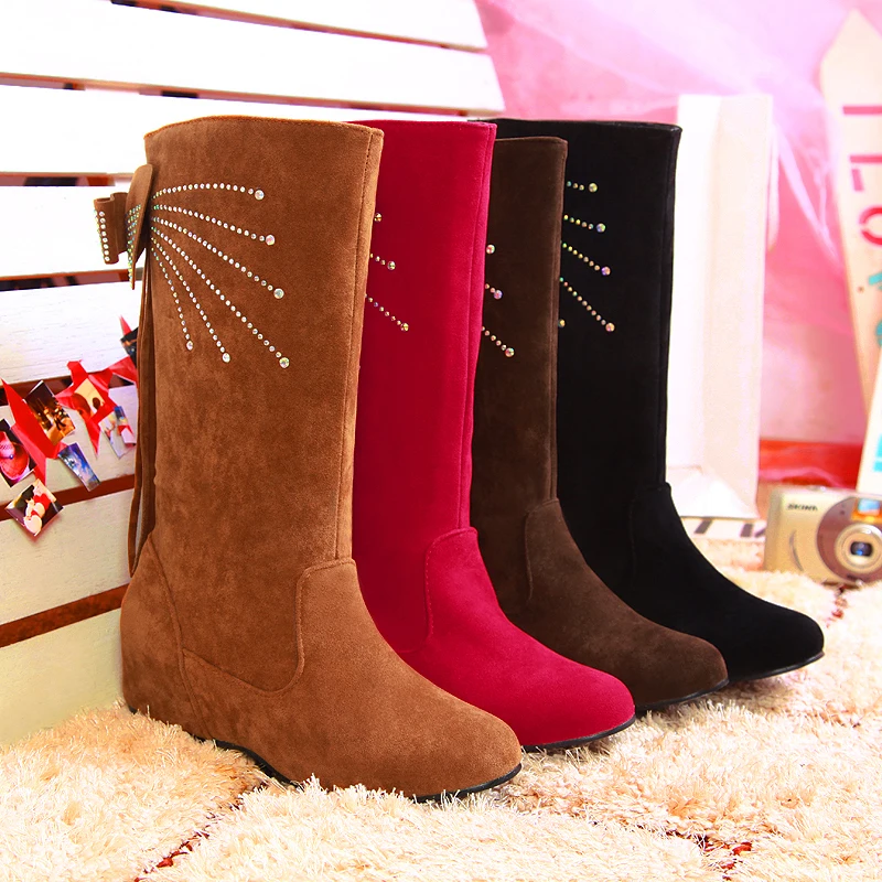 2016 г. Новая зимняя женская обувь модные сапоги до середины икры с круглым носком