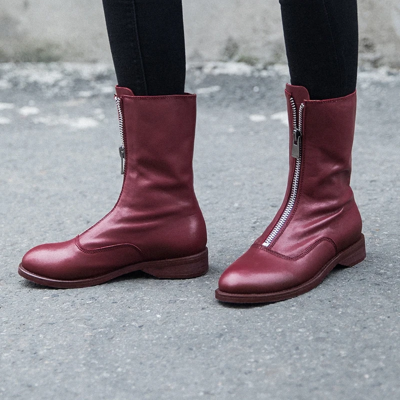 SIMLOVEYO/Zapatos de mujer; женские ботинки до середины икры; обувь на плоской подошве с круглым носком в стиле ретро; стильная ковбойская обувь на молнии; Цвет черный, белый, винный; Botas mujer; распродажа