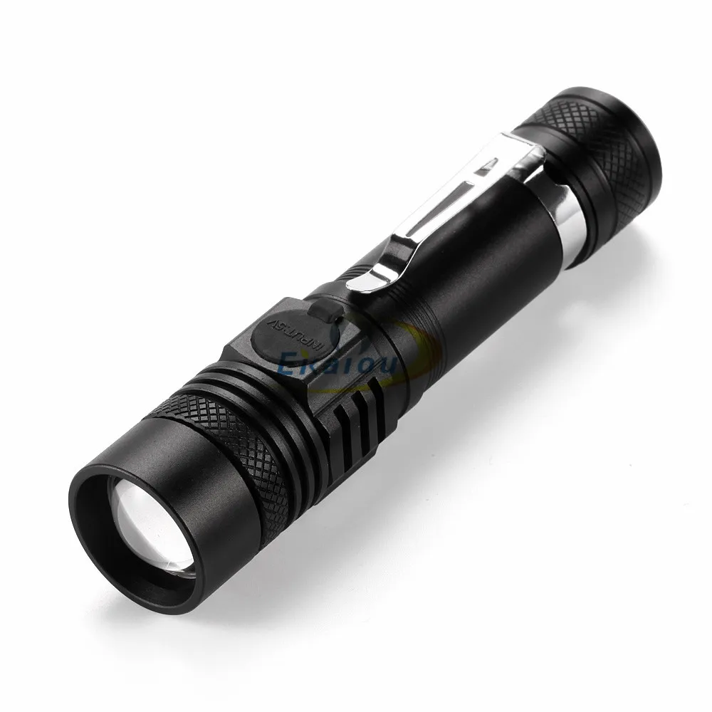 Светодиодный фонарик USB регулируемый фокус клип лампа T6 портативный тактический