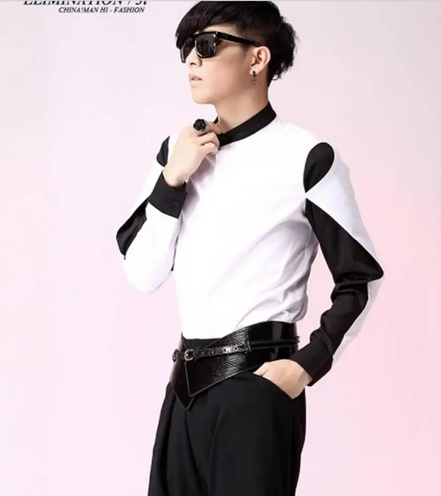 S-5XL ! 2016 Men's clothing new fashion color block shirt decoration personalized batwing sleeve plus size singer costumes | Мужская