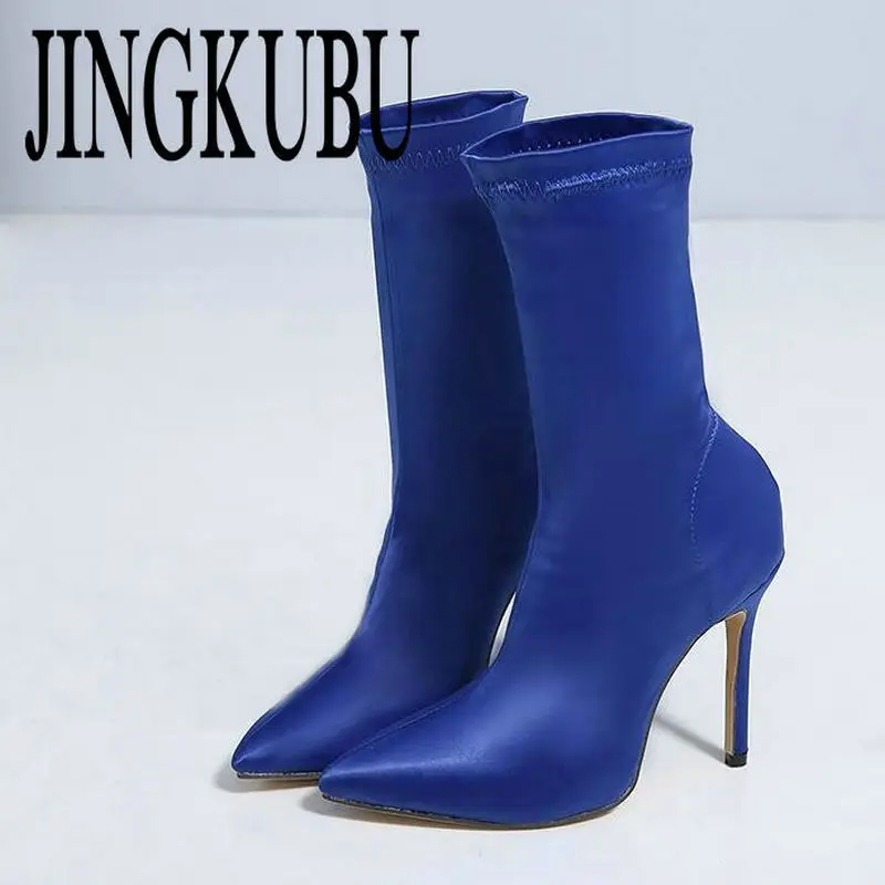 JINGKUBU/Новинка года; Модная шелковая стелька из эластичной ткани; ботинки с острым носком; обувь на высоком каблуке 11 см; Прошитые женские ботильоны; цвет красный, синий