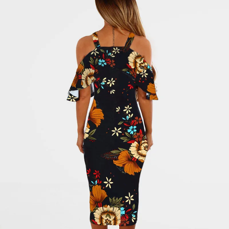 

AECU Fashion Printed Sling Cross Sexy Strapless Hip Dress Women Dress Bodycon Ruffles Halter Party Dress