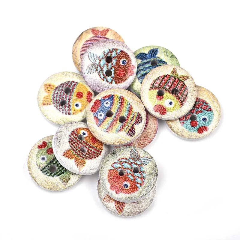 50Pcs 2 Holes Princess Cat Heart Robot Printed Wooden Button Round 15mm Decorative Wood Buttons For Clothing Sewing Decoration