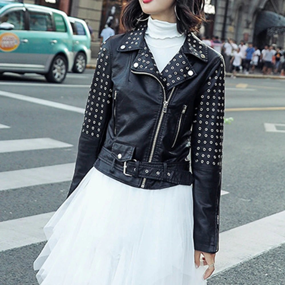 Женская куртка из искусственной кожи FTGSDLONG черная с длинными рукавами и