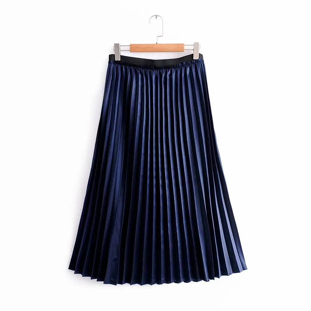Женская длинная Плиссированная юбка до щиколотки винтажная темно-синяя с