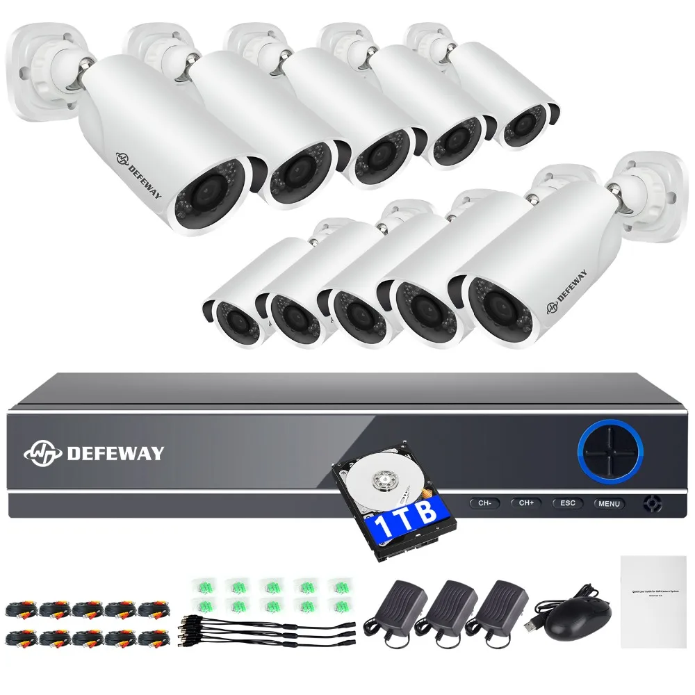 DEFEWAY HD 16CH 1080P DVR комплект 2.0MP камеры безопасности Система 10 шт камера ночного