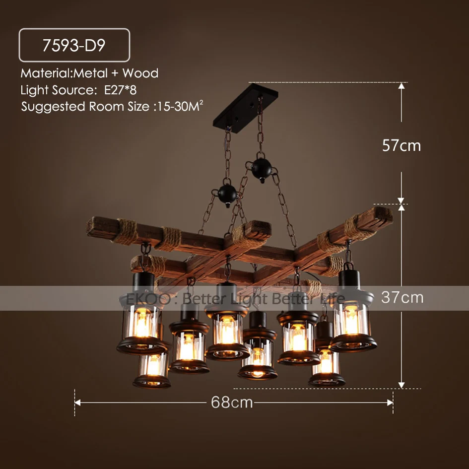 EKOO-Lámpara de araña de madera de Industrial Retro Vintage, luz rústica de hierro para restaurante, bar y sala de estar, 8 Uds.