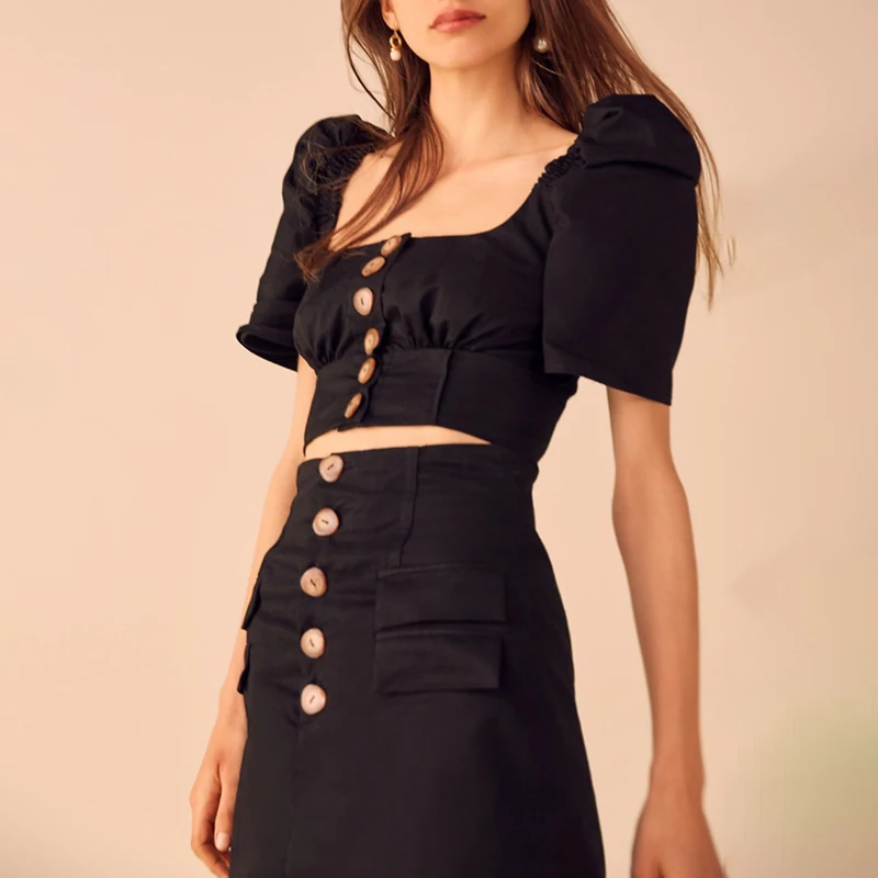 TWOTWINSTYLE, винтажный Однотонный женский костюм, квадратный воротник, с пышными рукавами, на пуговицах, топы, высокая талия, тонкая мини-юбка, комплект из двух предметов, летний
