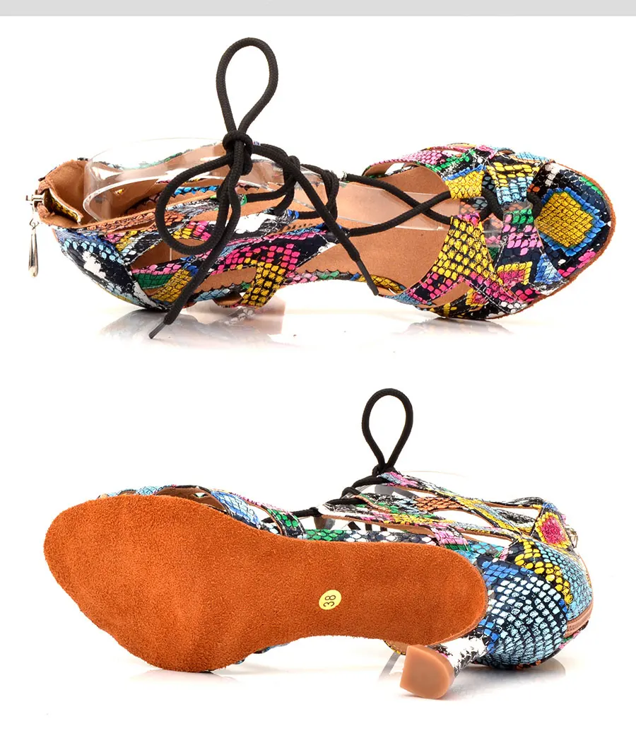 Ladingwu Dance Shoes Women's Latin Shoes Dance Boots Trend Snake texture Salsa Dance Shoes Wide and narrow adjustment Shoelace