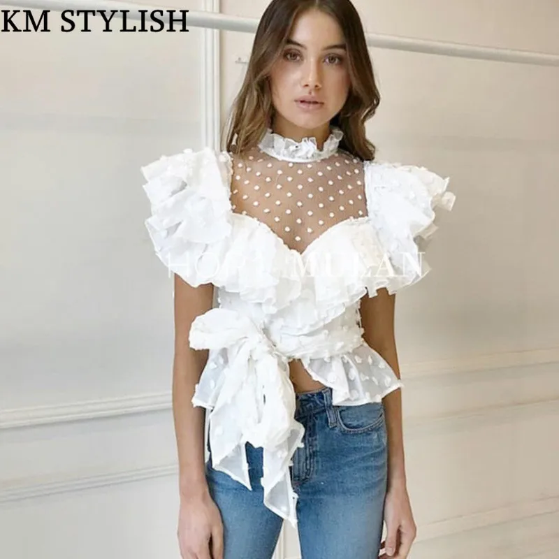 Белая шифоновая рубашка в горошек с кружевным поясом и рюшами австралийском