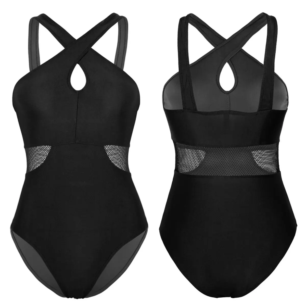 Black Women Ladies Ballet Dance Tutu Dress Gymnastics Leotard Bodysuit Perspective Mesh Ballerina Stage Dance Costumes Gym Swimsuit - Цвет: Black
