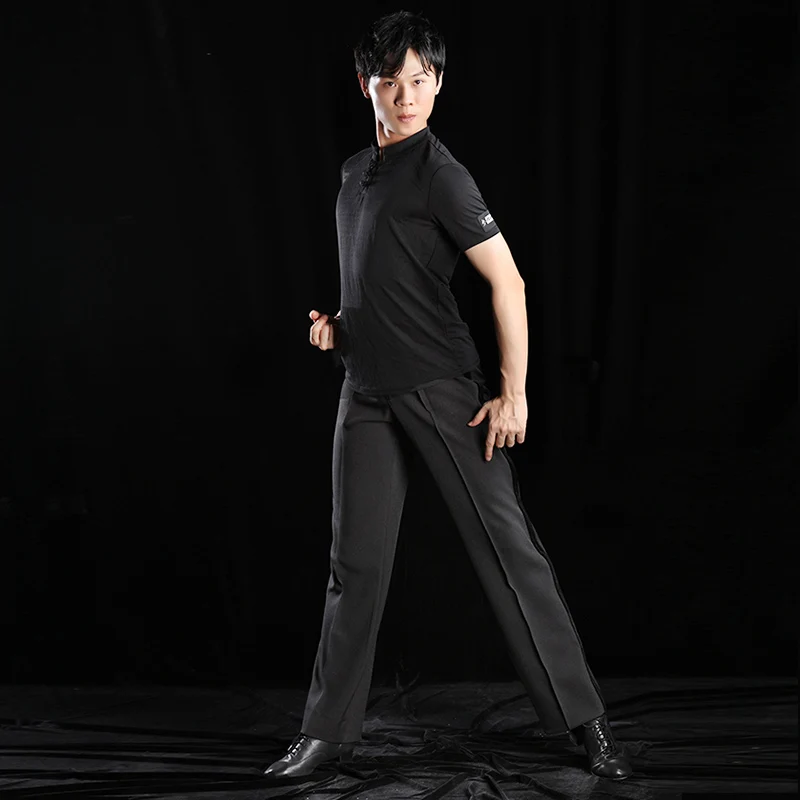 Взрослые мужские костюмы для латинских танцев черные топы с коротким рукавом