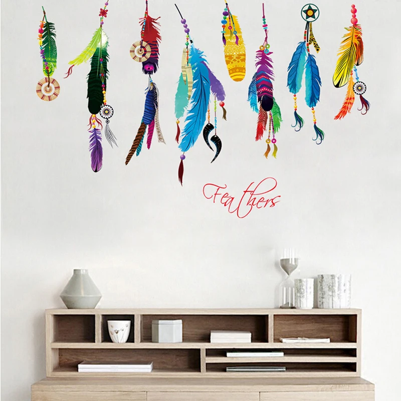 

self-adhesive 3d stikers for wall decoration removable home decor colorful feather wall decals living room wallpaper