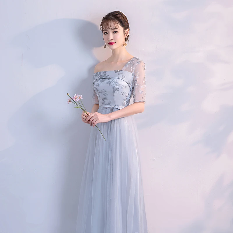 Серое Платье для гостей свадьбы платье подружки невесты на одно плечо с вышивкой