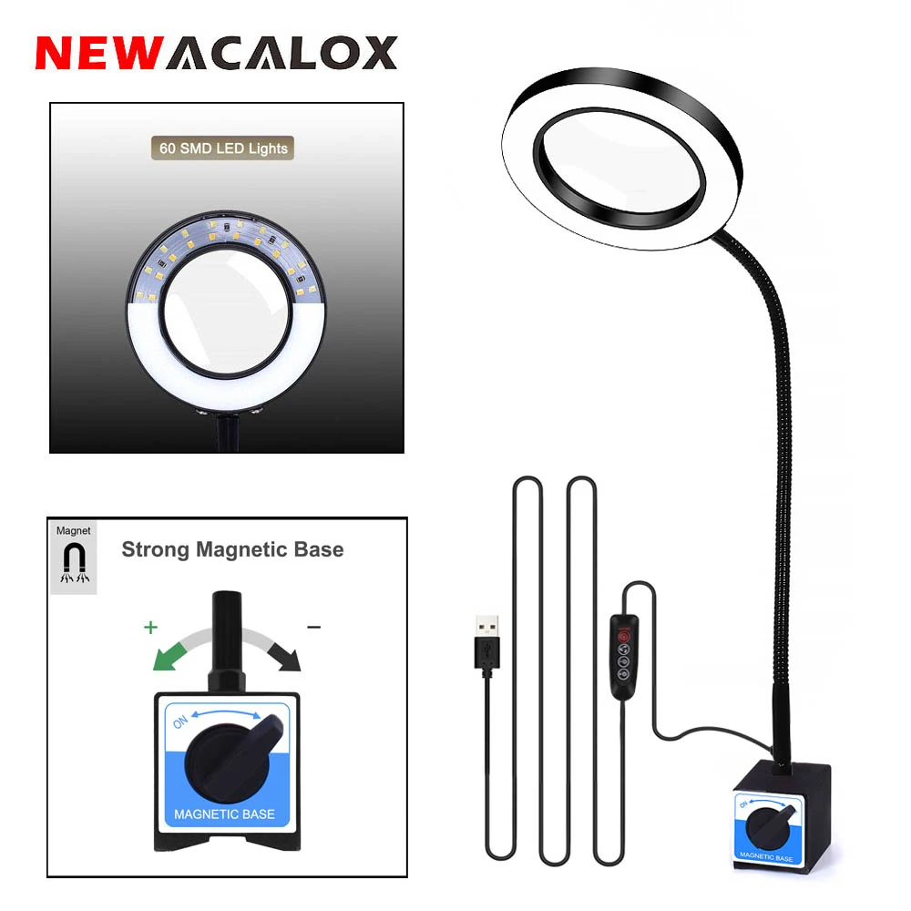 Лупа NEWACALOX 3X/5X 3 цвета с подсветкой Мощное магнитное основание гибкий