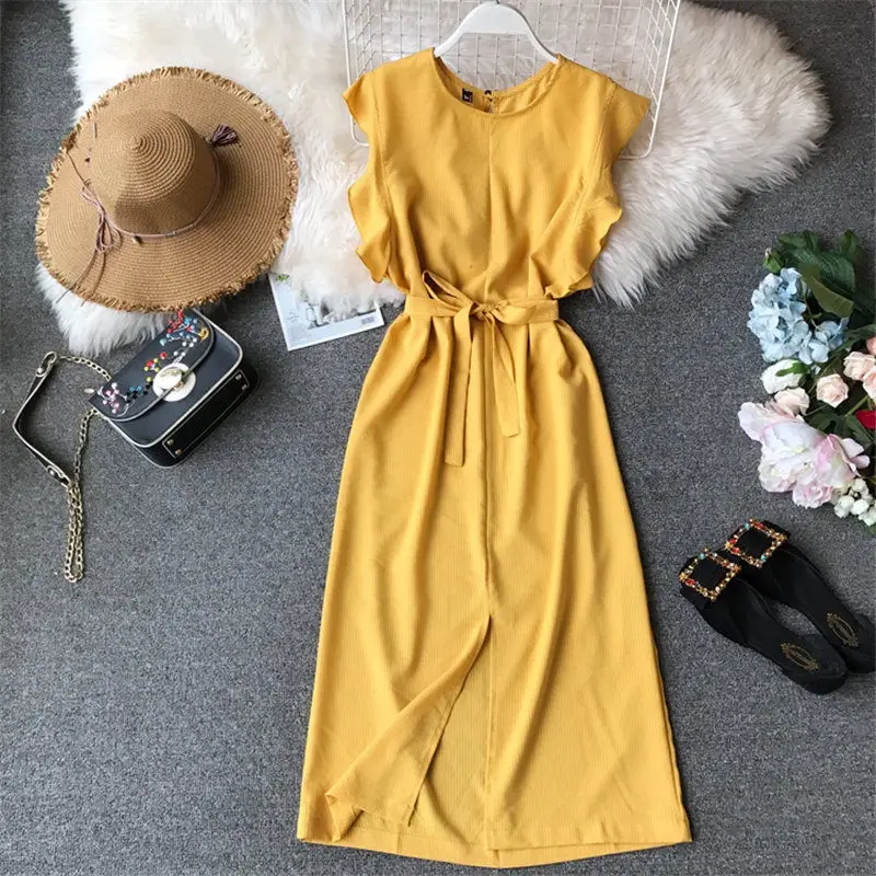 yellow LUOSHA, женское летнее платье, Полосатое, без рукавов, с оборками, прямое, один шаг, длинное платье, женское, с разрезом, облегающее, повседневное, платья для женщин, Vestidos - Цвет: yellow