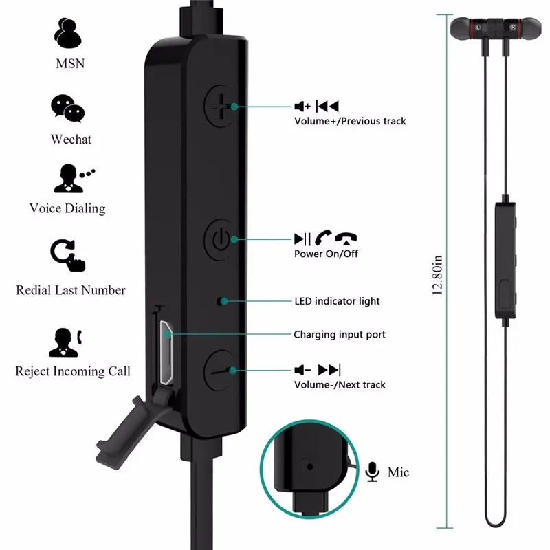 Bluetooth V4.1 Беспроводные спортивные наушники для бега, стерео наушники-вкладыши, магнитные вкладыши с микрофоном, Наушники для iphone Sumsang Xiaomi