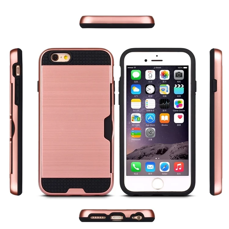 for iPhone 6 6S 7 8 Plus X XS 5s Plain Business Carbon Fiber Phone Case with Card Slot Rose Gold Anti-knock Back Cover |