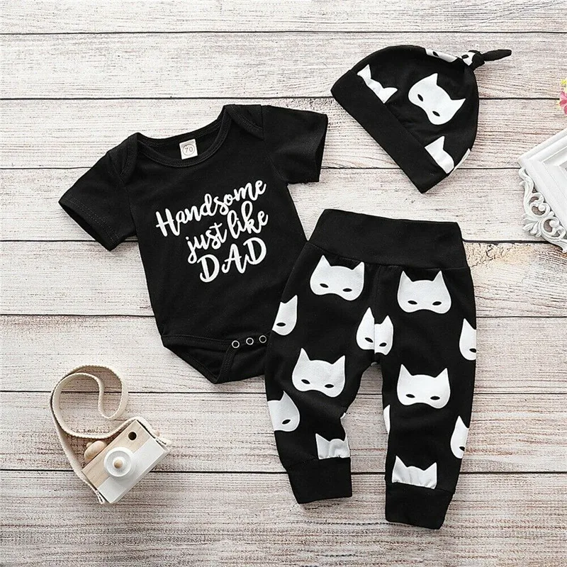 Toddler Newborn Infant Baby Boy Clothes Set Summer Short Sleeve Letters Bodysuit Pants Batman Hat Outfits Costume Clothing 3PCs | Детская