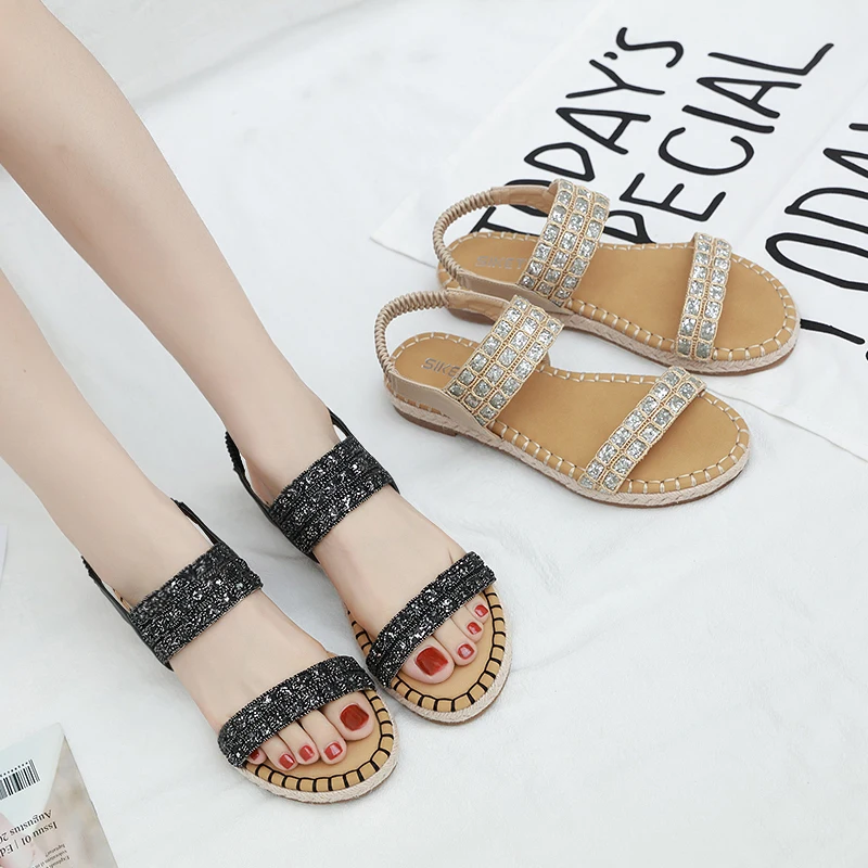 Новинка 2019 корейские женские сандалии богемные с блестками пеньковой веревкой