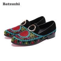 batzuzhi designers fashion men shoes round toe casual loafers black suede with embroidery flats zapatos de hombre mocassin homm