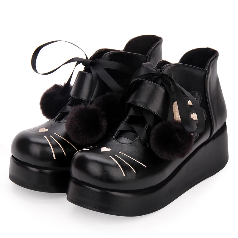 

Lovely Cat Paw Strap Lolita Cosplay Thick Platform Wedge Ankle Boots with Plush Balls Ribbon