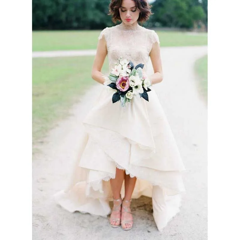 2017 Фея Высокий Низкий Кружева Свадебное Платье Высокая Шея Короткими Рукавами