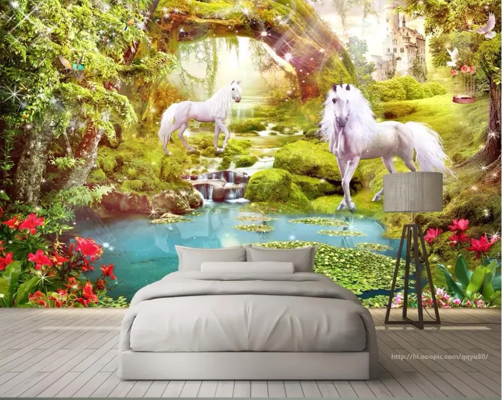 3d фотообои для гостиной дивана леса Белая лошадь на заказ 2019 | Обустройство дома