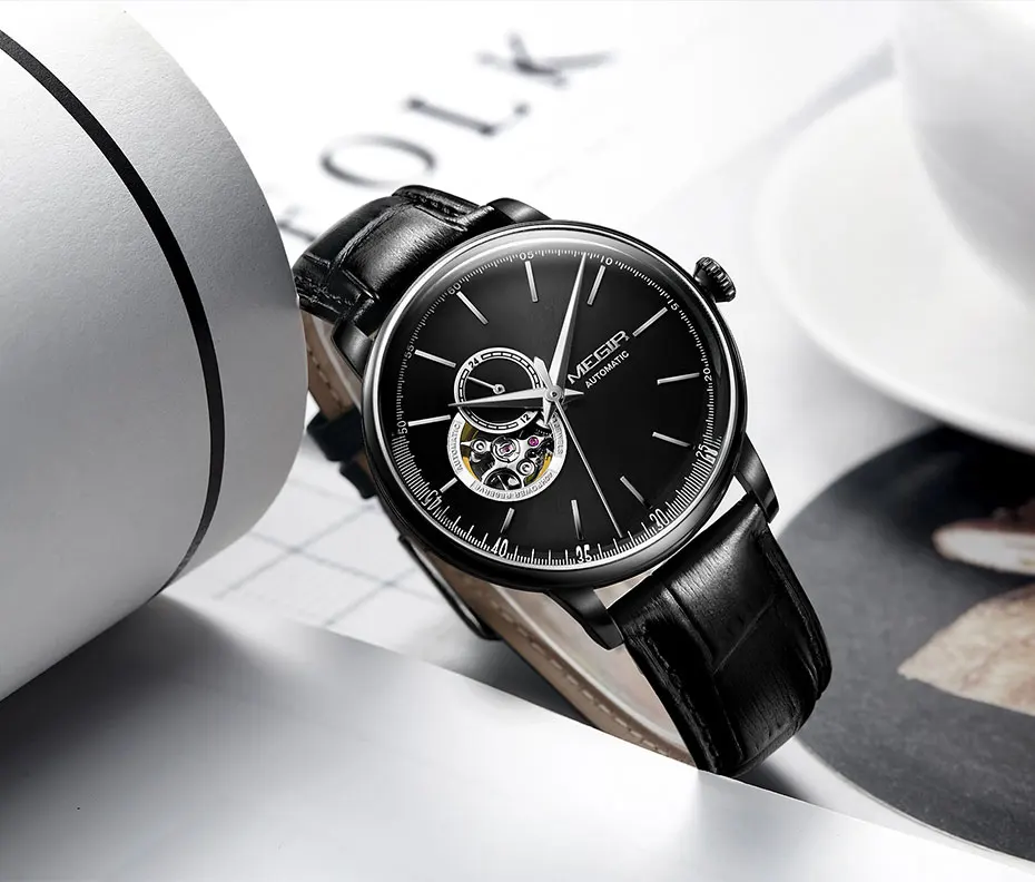 MEGIR автоматические механические часы Топ бренд Роскошные мужские часы-скелетоны часы бизнес кожаные Наручные часы Relogio Masculino