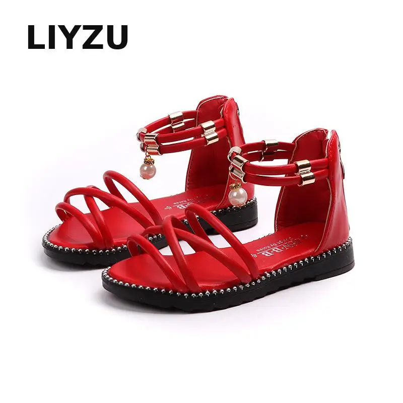Летняя детская обувь; Новинка; милые сандалии из искусственной кожи для маленьких девочек; однотонные римские сандалии принцессы с жемчугом для маленьких девочек; цвет черный, красный, розовый