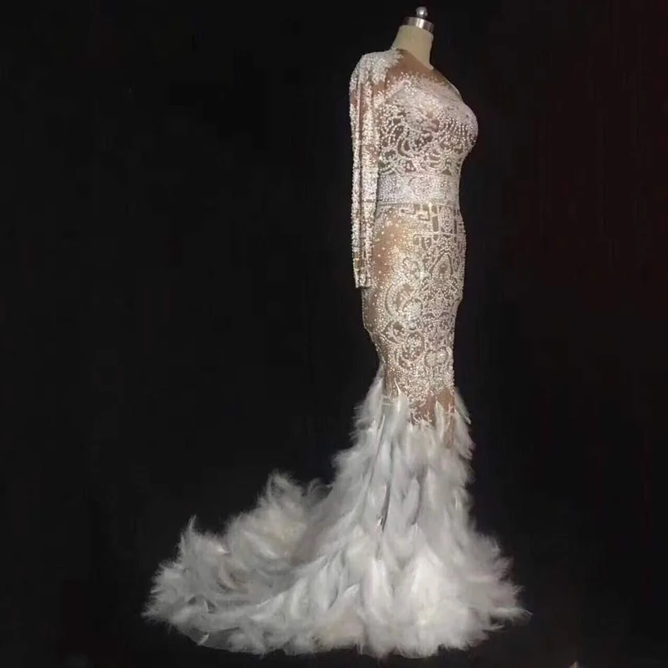 Высокое качество ручной работы с длинным рукавом алмаз рыбий хвост платье