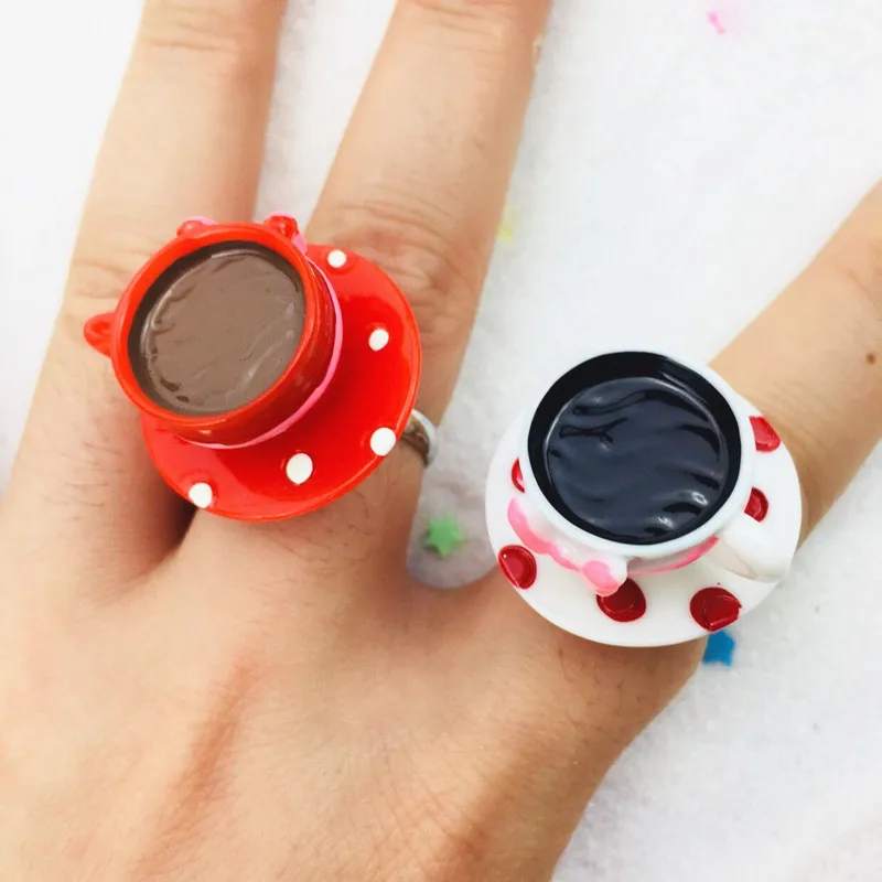 Adjustable Women Coffee Cup Rings Creative Cartoon Kawaii Designs Retro Ring Resin Fashion Jewelry | Украшения и аксессуары