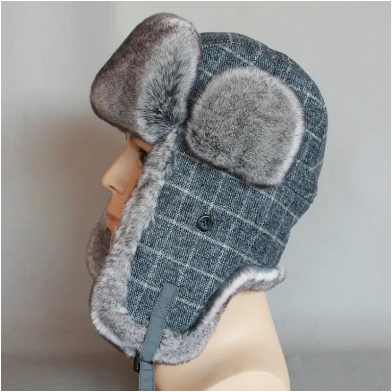 B-8504 Adult Bomber Trapper Hats Male Thick Winter Warm Rabbit Fur Hat Russian Ushanka Hat