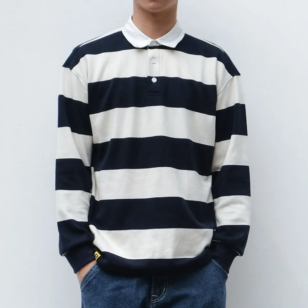 Мужская рубашка поло с длинным рукавом в полоску Японская уличная одежда 2018|Поло|