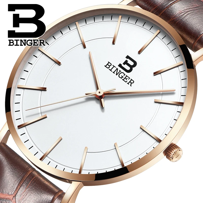 Luxury Brand Watches BINGER Women Watches 2017 Rose Gold Quartz Watch Leather Strap Casual Watch For Men relogio masculino