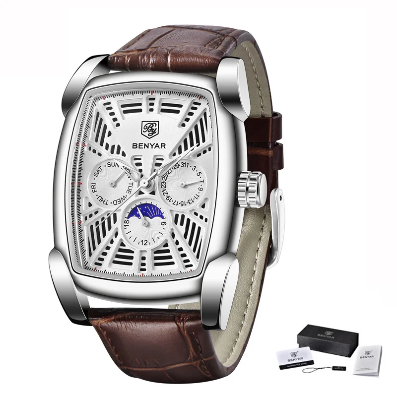 Leather Silver White Benyar квадратные мужские часы лучший бренд класса люкс Бизнес водонепроницаемые кварцевые кожаные спортивные наручные часы Мужские часы Relogio Masculino - Цвет: Leather Silver White