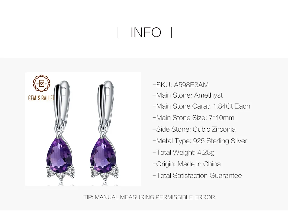 GEM'S BALLET 3.69Ct натуральный элегантный Аметист Висячие серьги из натуральной 925 пробы Серебряные Серьги с драгоценными камнями хорошее ювелирное изделие для женщин