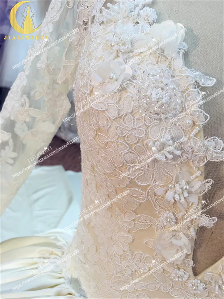 

JIALINZEYI Real Red Luxurious Long Sleeves Lace Appliques Light Champagne Satin V Back Elegent Brial Wedding Dresses Ball Gown