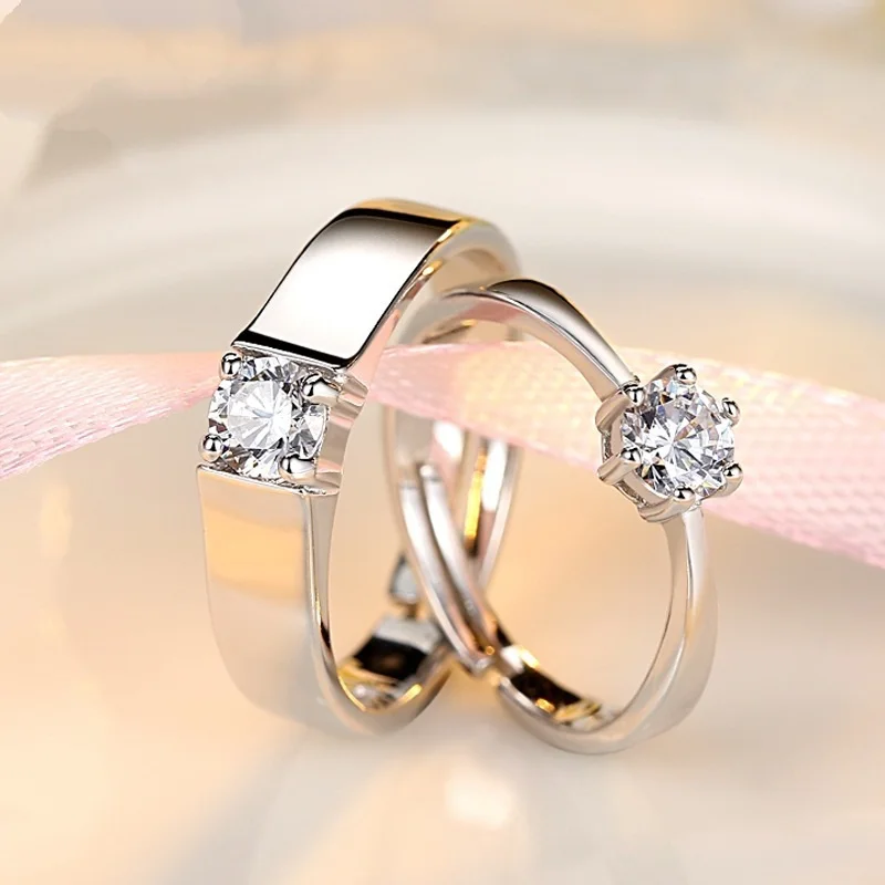 OMHXZJ Wholesale European Fashion Woman Man Party Wedding Gift Simple White Lovers AAA Zircon 925 Sterling Silver Ring Set RR239 | Украшения