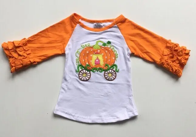 pumpkin carriage Осенний топ на День Благодарения, резинки для девочек, Изысканная футболка, детская одежда, хлопковый реглан с рюшами и изображением тыквы, подсолнуха, леопарда - Цвет: pumpkin carriage