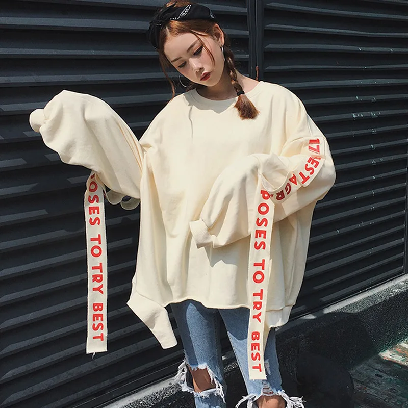 

Harajuku Style New Spring Autumn Hoodies Loose Ribbon Decor Long Sleeve Women Jacket Moletom Feminino Chaquetas Mujer