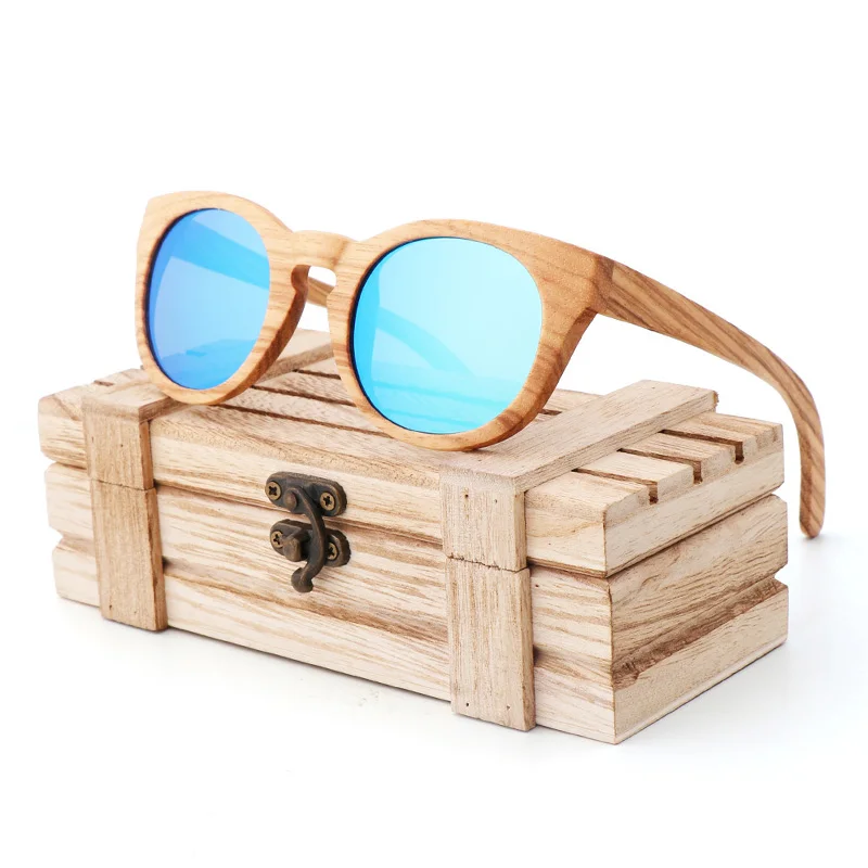 Ice Blue Wood Box Коричневые солнцезащитные очки из чистого дерева зебры, поляризованные солнцезащитные очки, женские солнцезащитные очки из бамбука, UV400, ретро солнцезащитные очки, oculos de sol feminino - Цвет линз: Ice Blue Wood Box