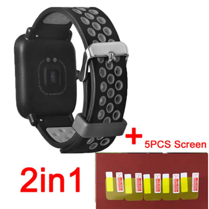 gray 2в1 для Xiaomi Amazfit Bip маленький силиконовый ремешок мягкий звуковой сигнал спортивный фитнес-браслет ремень+ 5 шт. защитный экран - Цвет: gray
