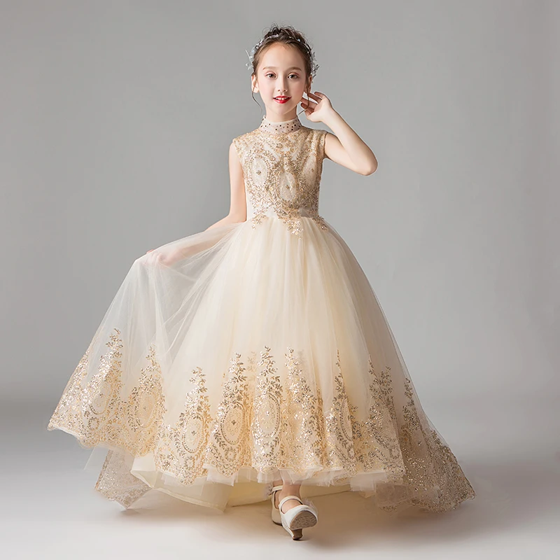 Sequin Gold Lace Girl Dress Princess Formal Gown Long Trailing Flower Pageant Party Wedding First Communion Dresses | Детская одежда и